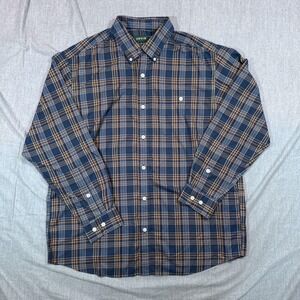 Orvis Shirt Mens XL Blue Brown Plaid Classic Fit Wrinkle Free Button Down Cotton